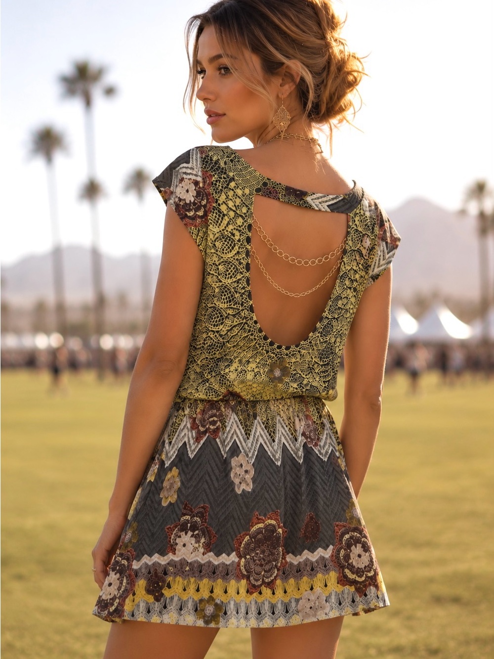 Y2k Grunge Festival Mini Dress Mixed Print Gold Studded Chain Link Back M VTG
